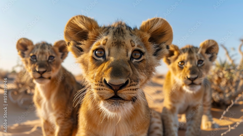 a group of young small teenage lions curiously looking straight into the camera in the desert a group of young small teenage lions curiously looking straight into the camera in the desert