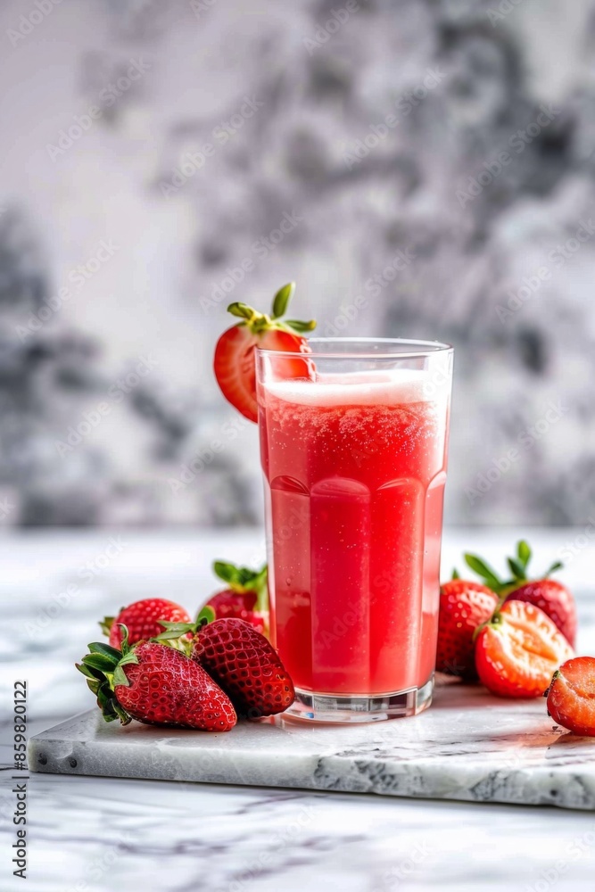 a glass of Strawberry Juice on marble board, black copy space on right side a glass of Strawberry Juice on marble board, black copy space on right side