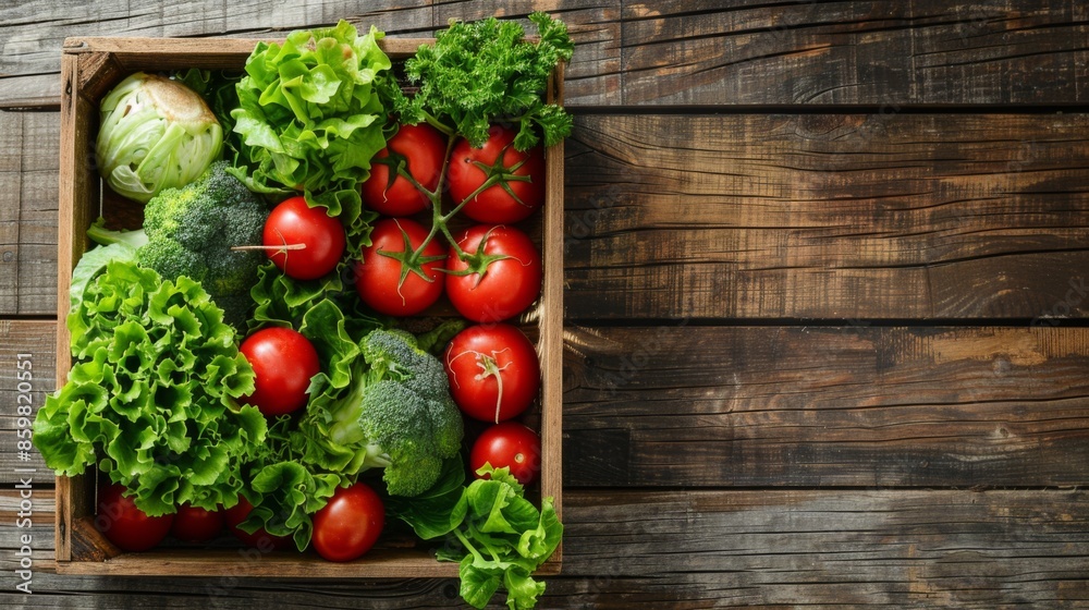 A set of fresh vegetables in a wooden box. On a wooden background. Top view. Copy space A set of fresh vegetables in a wooden box. On a wooden background. Top view. Copy space