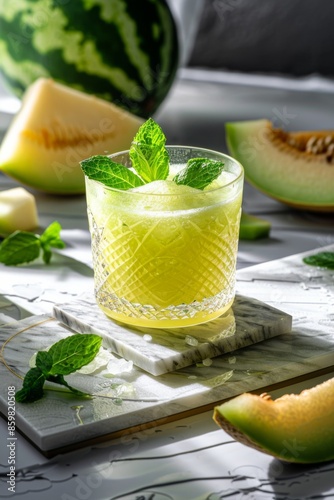 a glass of Melon Juice on marble board, black copy space on right side
