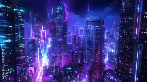 Glowing skyscrapers illuminate the futuristic cityscape at night