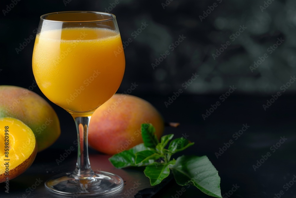 Mystic portrait of Mango Juice in luxurious and classic glass on board table in studio, elegant, dark copy space on right side, Close-up View Mystic portrait of Mango Juice in luxurious and classic glass on board table in studio, elegant, dark copy space on right side, Close-up View