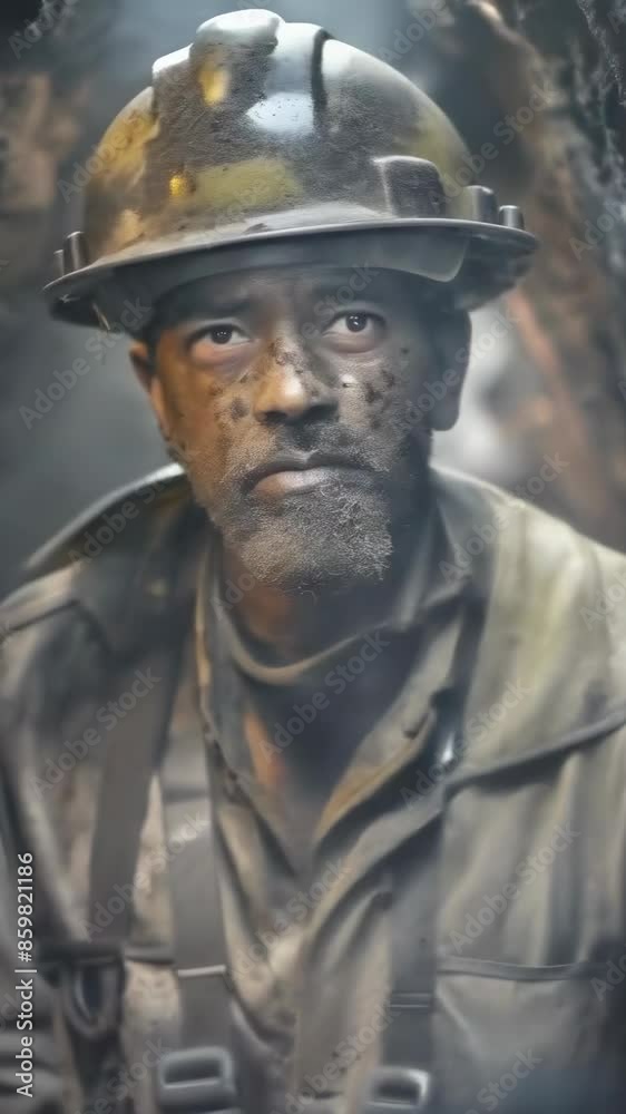 Middle-aged Caucasian man with a beard, in mining gear, covered in dirt. He wears a helmet with a headlamp, suggesting he is underground. The dim light and shadows create a gritty and intense Middle-aged Caucasian man with a beard, in mining gear, covered in dirt. He wears a helmet with a headlamp, suggesting he is underground. The dim light and shadows create a gritty and intense