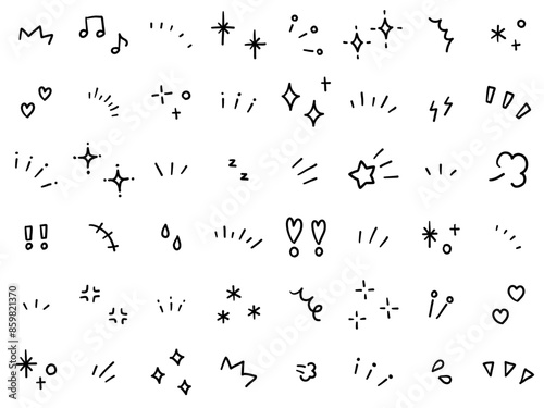 手書きの飾りイラストのベクターイラストセット。手描き、集中線、注目、星、ハート、キラキラ