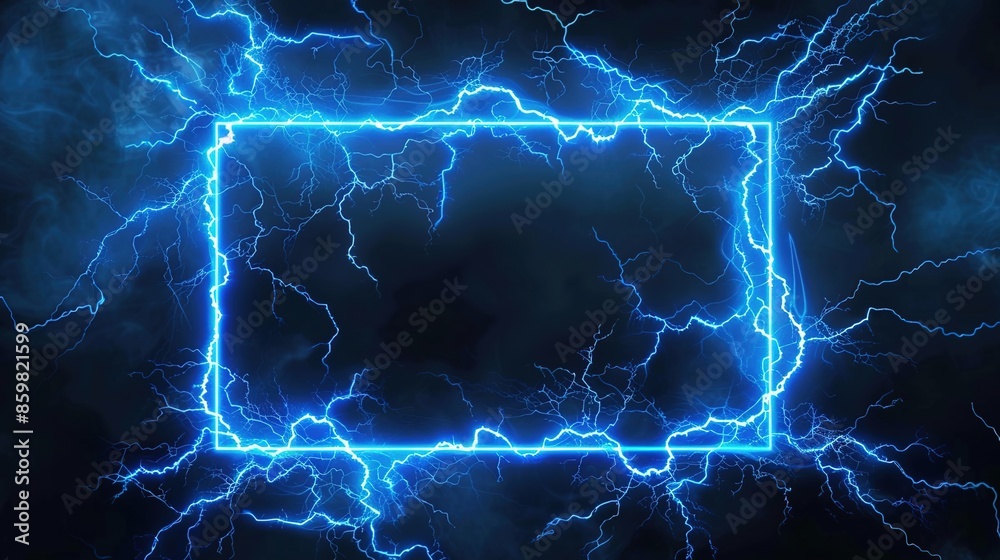 Lightning blue rectangle frame on dark background with thunder lighting effect, glowing electric frames with light lightning and thunder over black backdrop. Blue glowing lines frame for design.
Lightning blue rectangle frame on dark background with thunder lighting effect, glowing electric frames with light lightning and thunder over black backdrop. Blue glowing lines frame for design.
