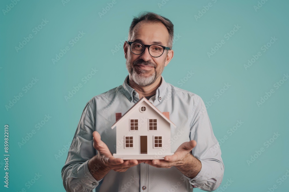 Smiling Mature Man Holding Model House Against Turquoise Background - Real Estate and Home Ownership Concept Smiling Mature Man Holding Model House Against Turquoise Background - Real Estate and Home Ownership Concept