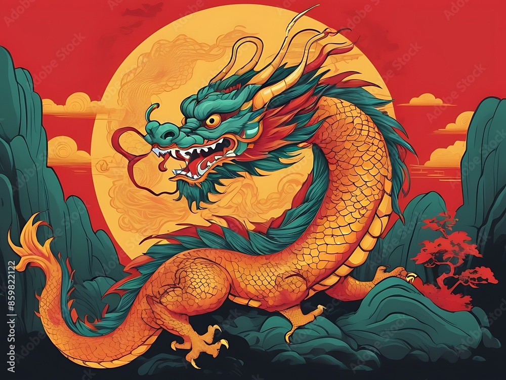 Obraz premium Dragon with red head and yellow tail on a cloud, perfect for fantasythemed designs, childrens illustrations, and magical storytelling projects.