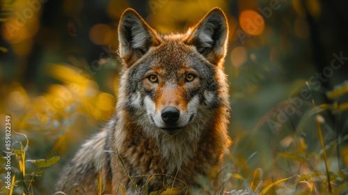 Alert Eurasian wolf, canis lupus, facing camera in summer forest from front view with copy space