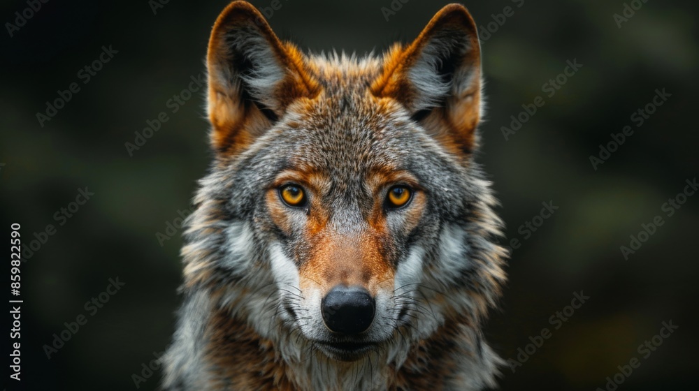 Alert Eurasian wolf, canis lupus, facing camera in summer forest from front view with copy space Alert Eurasian wolf, canis lupus, facing camera in summer forest from front view with copy space