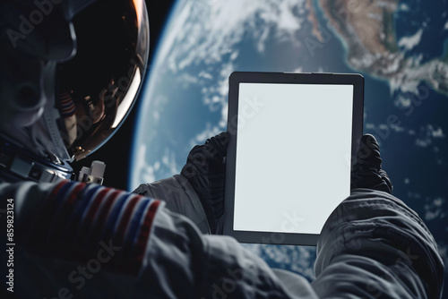 a man in a spacesuit holding a tablet computer