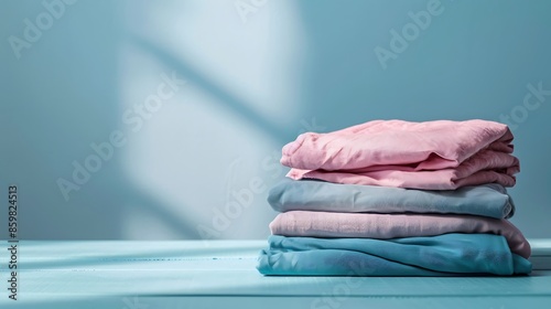 Isolated stack of clean laundry folded on a table, ready to be put away.