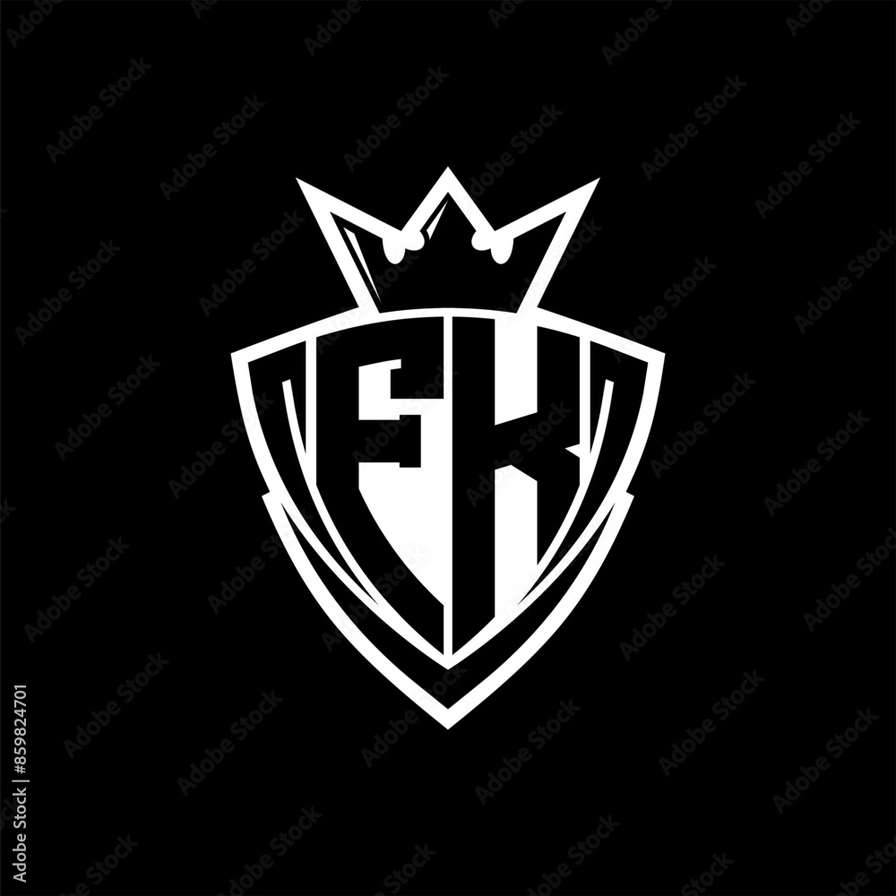 FK Letter logo with sharp triangle shield shape with crown inside white outline on black background template design