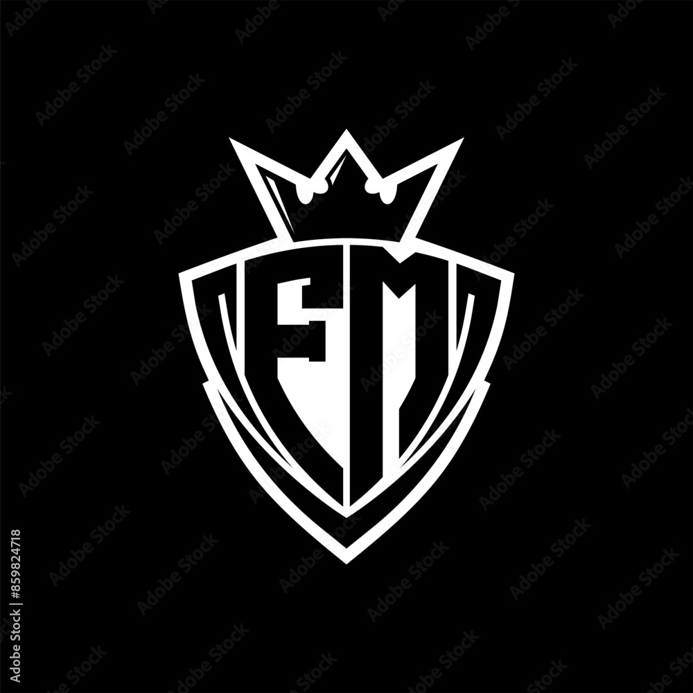 FM Letter logo with sharp triangle shield shape with crown inside white outline on black background template design FM Letter logo with sharp triangle shield shape with crown inside white outline on black background template design