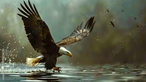 Bald Eagle Flying and Hunting Over Water photo