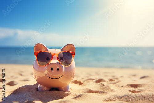 Piggy Bank on the beach with sunglasses symbolizing retirement