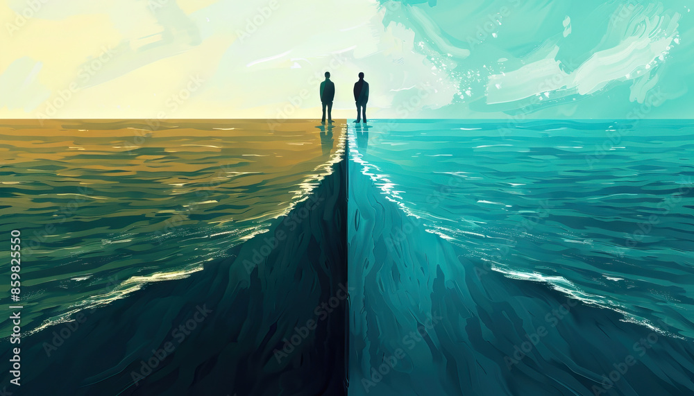 Naklejka premium Distance is the vast ocean that separates souls: Picture two souls on opposite shores of a vast ocean, symbolizing the vast distance that separates lovers