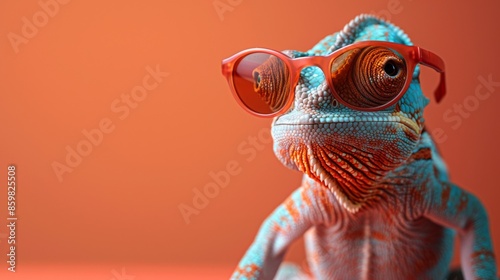 chameleon wearing sunglasses on a solid color background