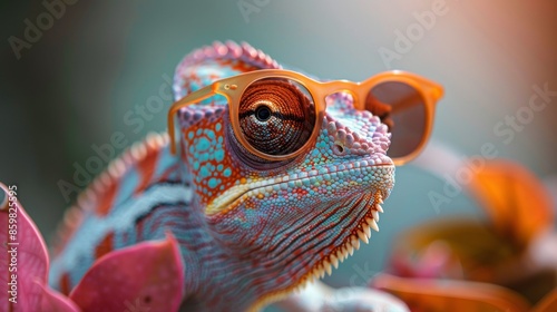 chameleon wearing sunglasses on a solid color background