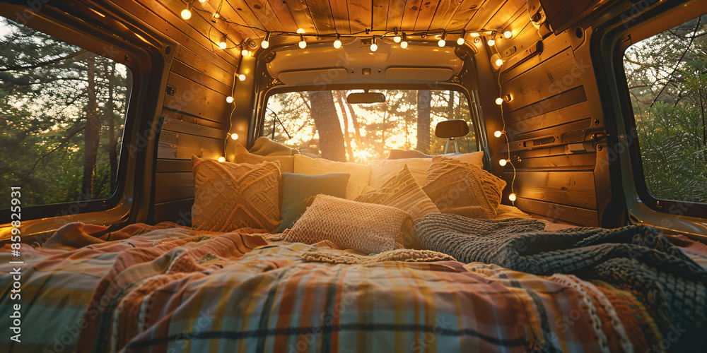 Fototapeta premium a bed with pillows and blankets in a van