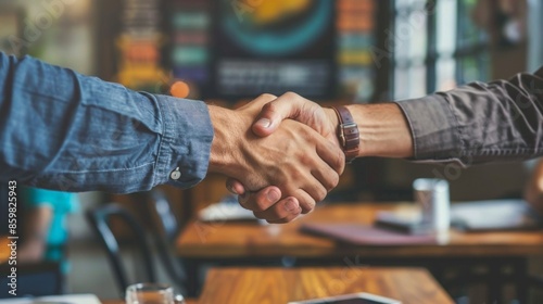 Two people shaking hands, symbolizing a successful business agreement.