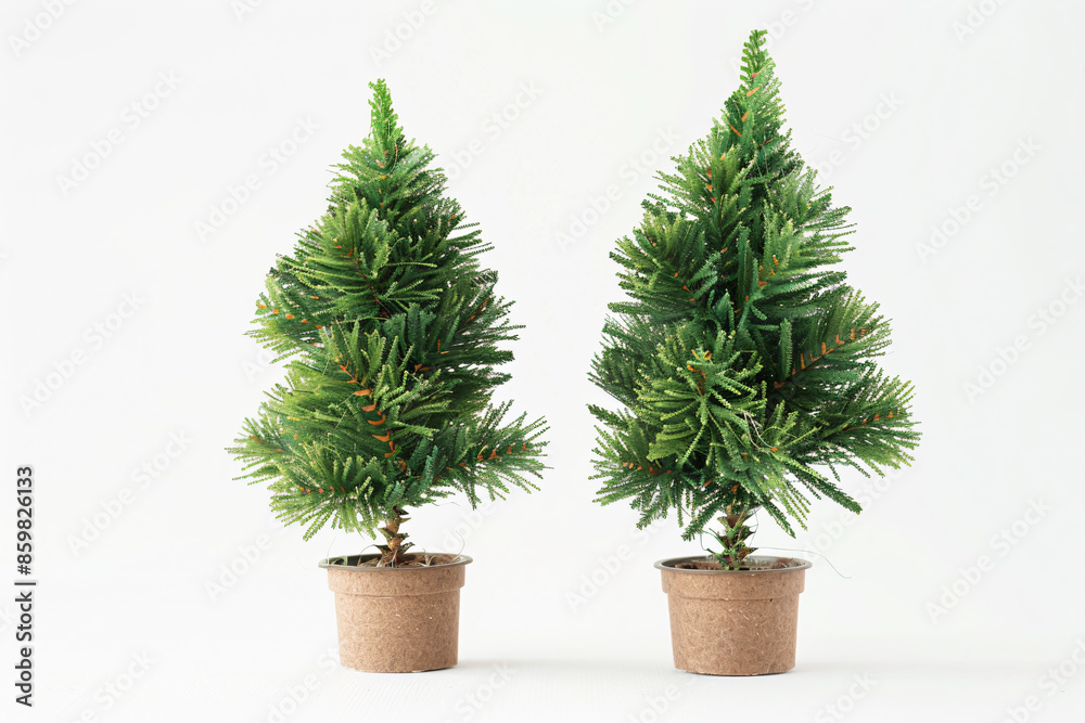 Fototapeta premium two small trees in a pot on a white surface