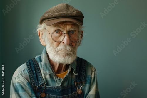 Portrait of Elderly Man in Overalls and Cap Against Blue Background for Senior Lifestyle and Vintage Fashion © Skyfe