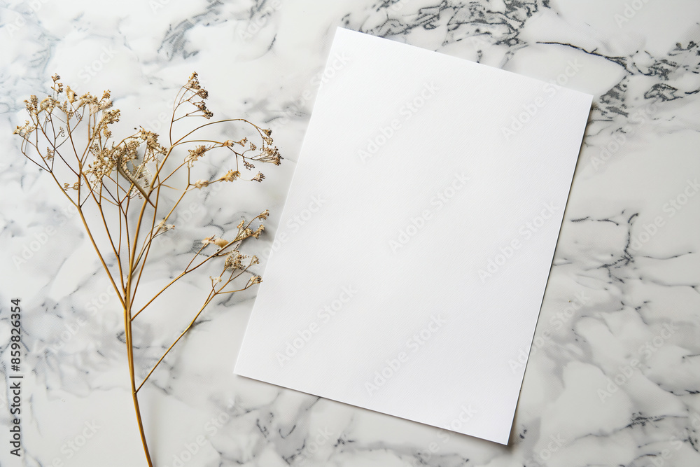 a white card with a flower on a marble surface a white card with a flower on a marble surface