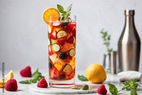 Cocktail: A tall glass filled with Pimm's Cup, showcasing layers of fruits and herbs with ice cubes. photo