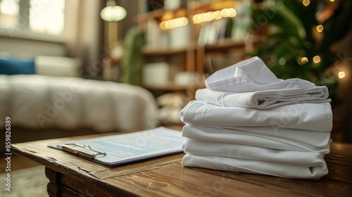 Stack of White Shirts on Wooden Table