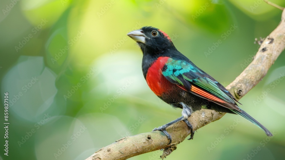 Crimson-backed Tanager perched on a tree branch on green background Crimson-backed Tanager perched on a tree branch on green background