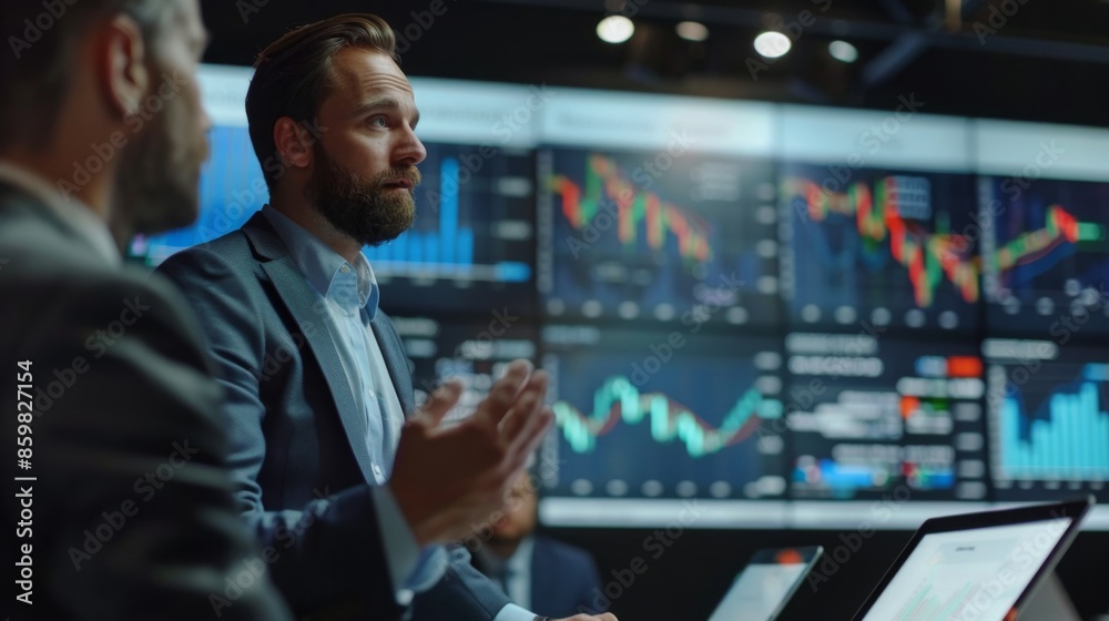 Financial Analyst Presenting Bullish Market Forecast to Clients for Strategic Investment Planning Financial Analyst Presenting Bullish Market Forecast to Clients for Strategic Investment Planning