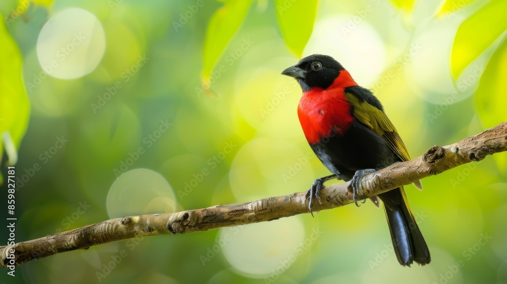 Crimson-backed Tanager perched on a tree branch on green background
