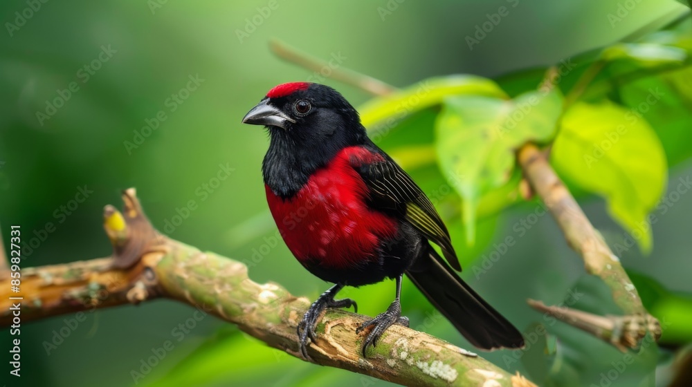 Crimson-backed Tanager perched on a tree branch on green background Crimson-backed Tanager perched on a tree branch on green background