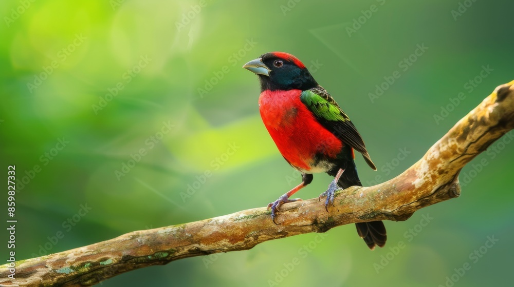 Crimson-backed Tanager perched on a tree branch on green background Crimson-backed Tanager perched on a tree branch on green background