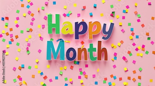 Happy Month 3d text on a pink background with colorful square confetti.