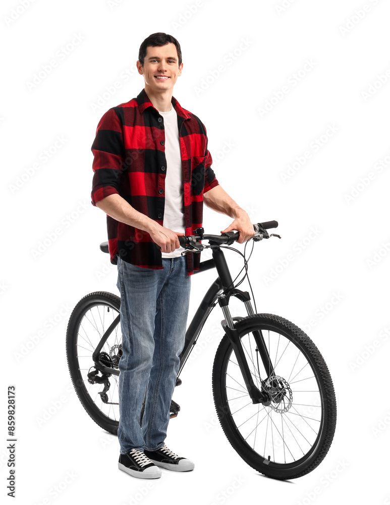 Smiling man with bicycle isolated on white Smiling man with bicycle isolated on white
