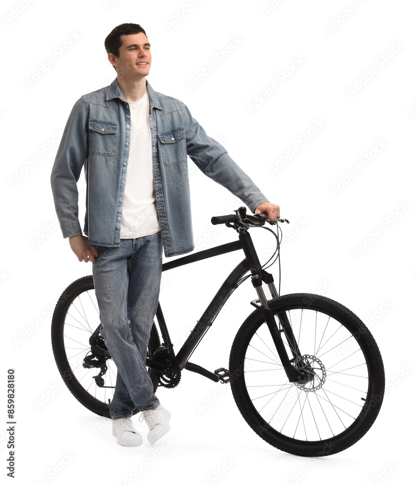 Smiling man with bicycle isolated on white