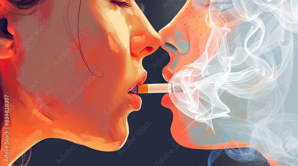 Obraz premium Smoking is the insidious whisper that lures to addiction: Visualize a person being tempted by a whispering figure, symbolizing the addictive nature of smoking