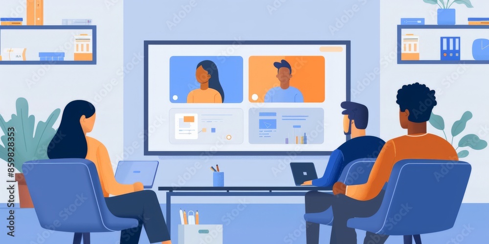 Employees in a virtual meeting participating through video conferencing from their laptops. Employees in a virtual meeting participating through video conferencing from their laptops.