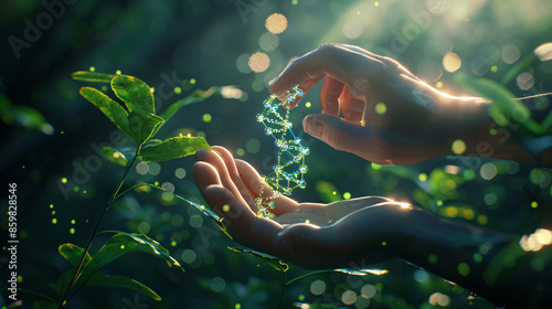 Hand holding DNA with plant leaves photo