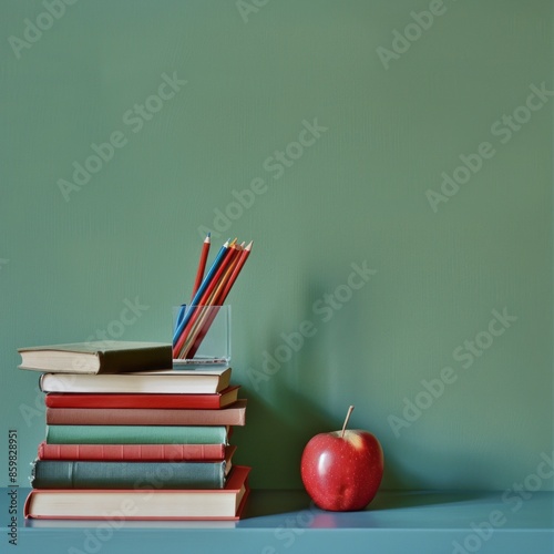 Stack of Books and Apple on Table