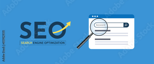 SEO Search engine optimization concept with magnifying glass and website page