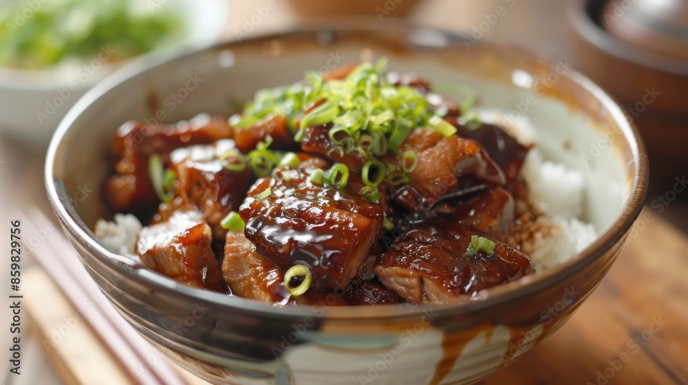 Boiled pork rice served in a bowl in a traditional restaurant atmosphere. Boiled pork rice served in a bowl in a traditional restaurant atmosphere.