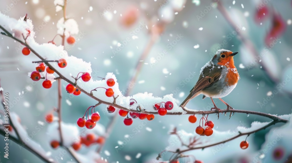 Facing right on a snow covered tree branch with red berries. Scientific name Erithacus rubecula. Space for copy Facing right on a snow covered tree branch with red berries. Scientific name Erithacus rubecula. Space for copy