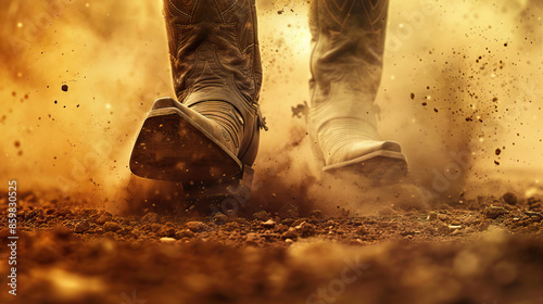 Rodeo is the dust kicked up by a cowboy's boots: Depict a close-up of cowboy boots stirring up dust in a rodeo arena, symbolizing the adrenaline and excitement of the rodeo photo