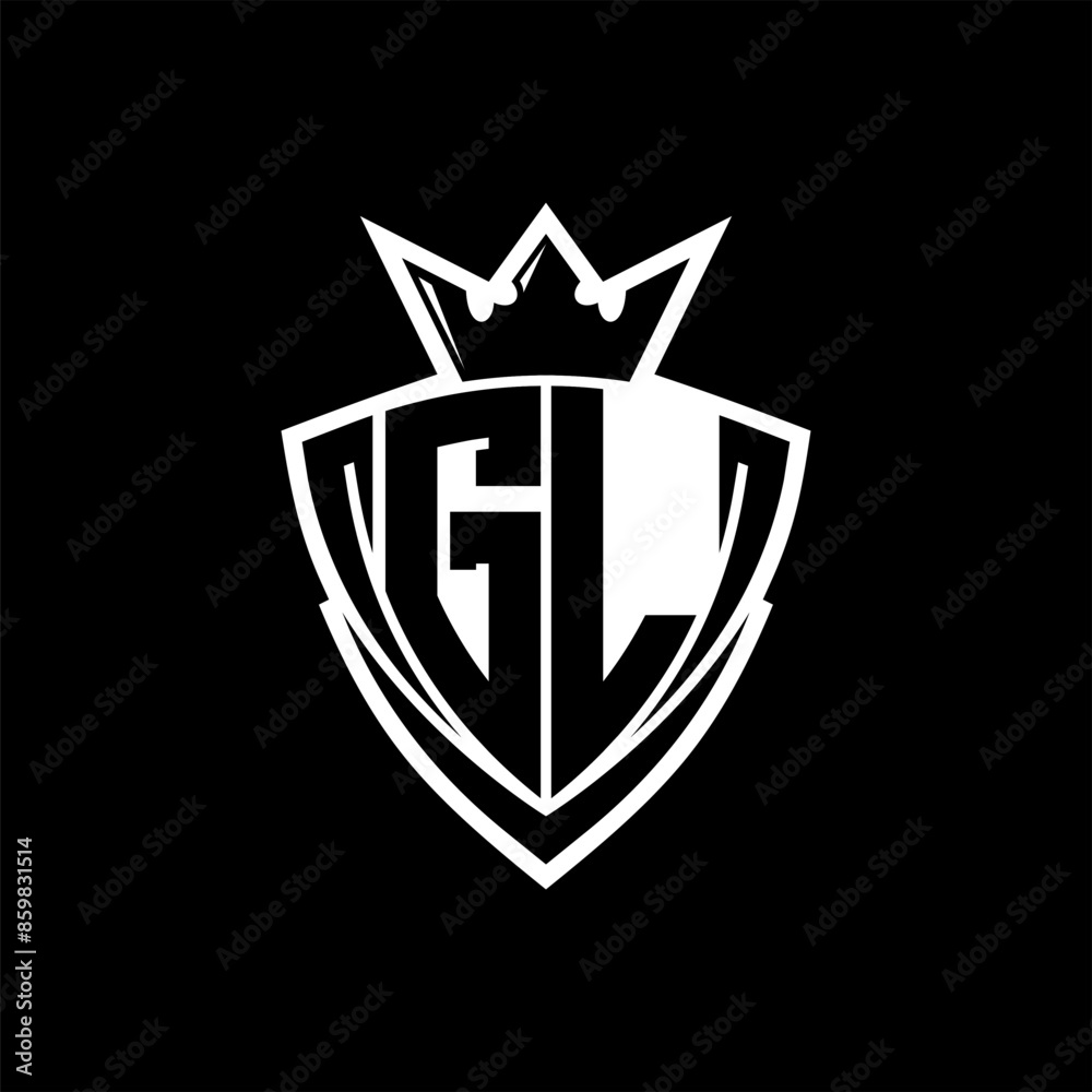 GL Letter logo with sharp triangle shield shape with crown inside white outline on black background template design GL Letter logo with sharp triangle shield shape with crown inside white outline on black background template design
