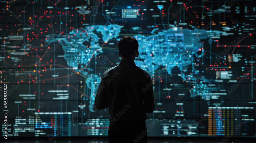 A man is looking at a computer screen with a map of the world on it. The man is wearing a suit and he is focused on the screen. Concept of technology and modernity