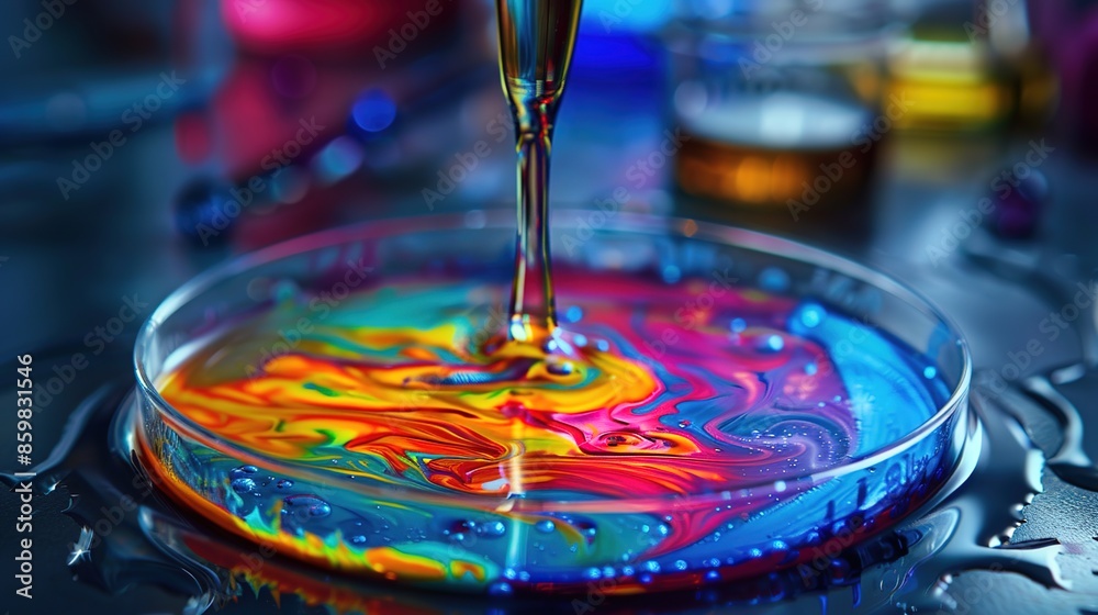 Intense Chemical Reaction in Petri Dish with Vibrant Colors | Laboratory Experiment Close-up Intense Chemical Reaction in Petri Dish with Vibrant Colors | Laboratory Experiment Close-up