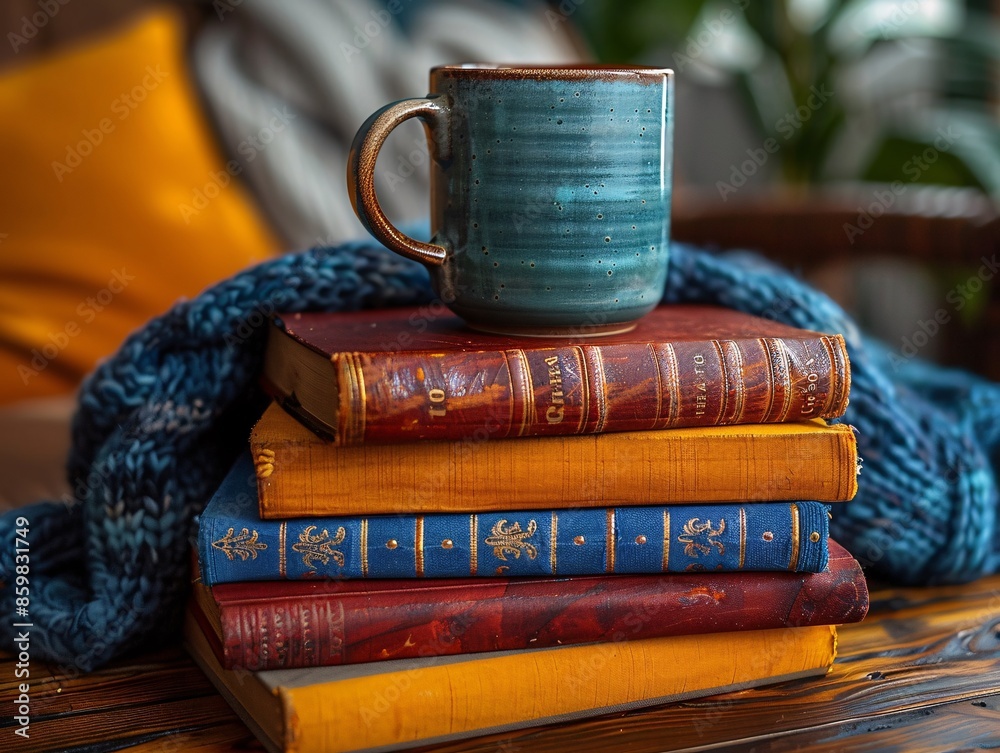 Naklejka premium Stack of Colorful Books with Coffee Mug 