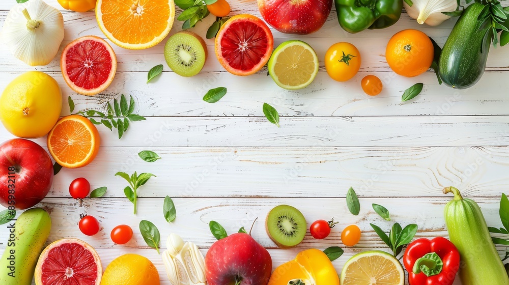 Fresh fruits and vegetables on a white wooden background. Top view, with copy space Fresh fruits and vegetables on a white wooden background. Top view, with copy space